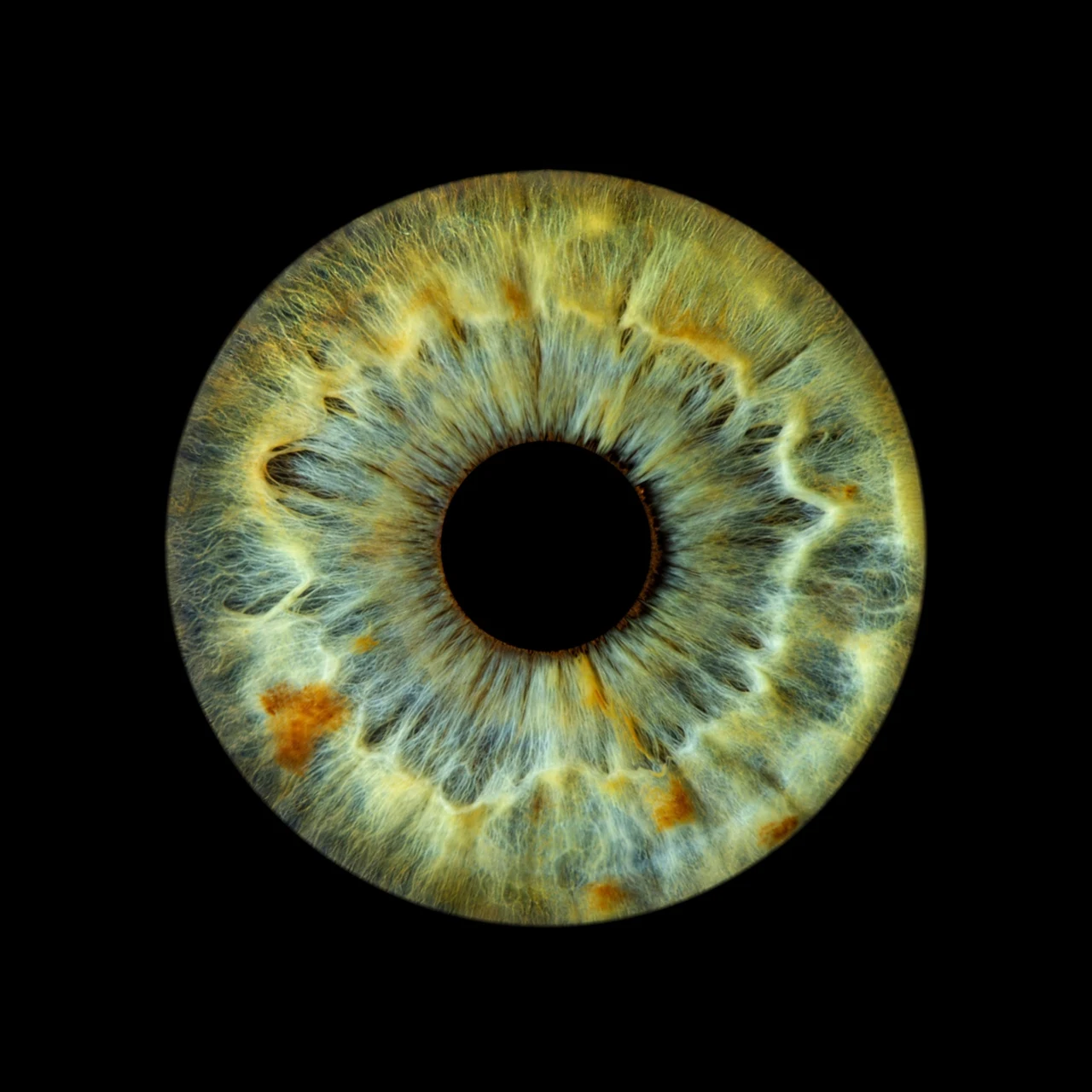 Iris verde y dorado sobre negro